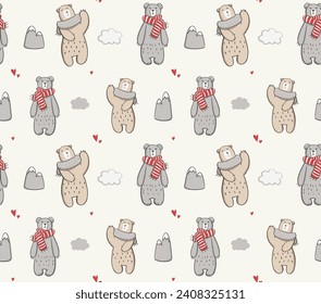 Seamless pattern with cute cartoon bears on a light background