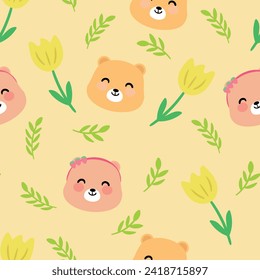 Seamless pattern with cute cartoon bears, and tulips for fabric print, textile, gift wrapping paper. colorful vector for children, flat style