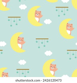 Patrón sin costuras con osos de dibujos animados lindos, luna y estrellas para estampados de tela, textiles, ropa de dormir para niños, papel de regalo de embalaje. vector colorido de los niños, estilo plano