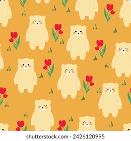 Seamless pattern with cute cartoon bears, and red flowers for fabric prints, textiles, gift wrapping paper. children's colorful vector, flat style