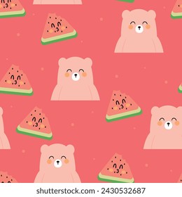 Seamless pattern with cute cartoon bears and cute watermelon background for fabric print, textile, gift wrapping paper. children's colorful vector, flat style