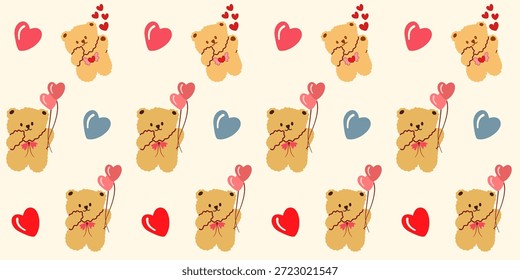 A seamless pattern of cute cartoon bears, decorated with pink hearts, flowers, and funny bear illustrations. Perfect for use as a vector wallpaper for children.