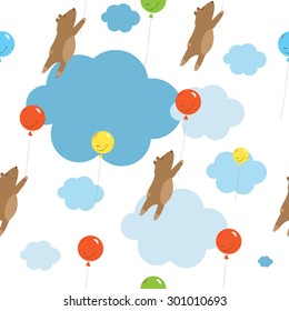 Seamless pattern with cute cartoon bears flying on the sky on balloons.