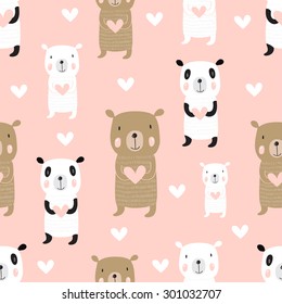 Seamless pattern with cute cartoon bears: panda, brown bear and polar bear holding hearts. Vector background.