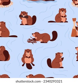 Seamless pattern with cute cartoon beavers gnaws at tree, collect branches, float, sit. Rodentia semiaquatic mammals. Cheerful brown short-haired wild animal with large flat tail. Vector illustration