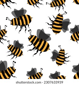 seamless pattern of cute cartoon bee on white background