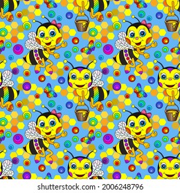 Seamless pattern with cute cartoon bees, flowers and honeycombs, an insect on a blue background