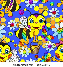 Seamless pattern with cute cartoon bees, flowers and honeycombs, an insect on a blue background