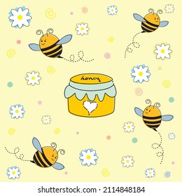 Seamless pattern with cute cartoon bees, chamomile flowers and a jar of honey on a light yellow background. vector illustration. Template for the design of textiles, souvenirs, notebooks.