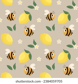 Seamless pattern, cute cartoon bees, lemons and flowers on a delicate background. Cartoon baby print, textile, wallpaper, children's bedroom decor.