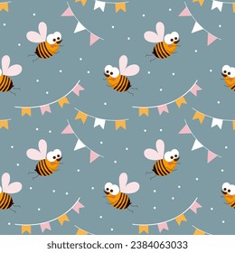 Seamless pattern, cute cartoon bees and festive garlands with flags on a delicate background. Cartoon baby print, textile, children's bedroom decor.