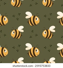 Seamless pattern, cute cartoon bees with leaves on a green background. Print, holiday background, textile, wallpaper