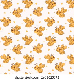 Seamless pattern with cute cartoon bees and hearts. Hand-drawn doodle style. Perfect for kids, fabric, wallpaper, stationery, and wrapping paper.

