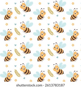 Seamless pattern with cute cartoon bees, flowers, and hearts on a light background. Perfect for kids' textiles, wallpapers, and wrapping paper.