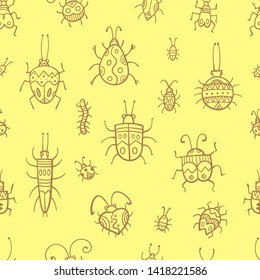 Seamless pattern with cute cartoon beetles on yellow  background. Various insects and bugs. Vector contour image. Doodle style.