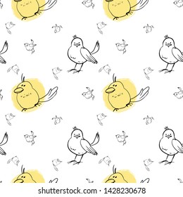 Seamless pattern, cute cartoon bird, fabric design for kids, cartoon character, vector drawing