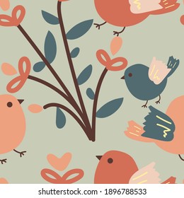 Patrón sin foco con adorable pájaro de dibujos animados y flores para imprimir tela, textil, papel de envoltura de regalo. vector colorido para los niños, de estilo plano