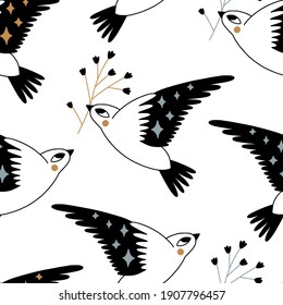 Seamless pattern with cute cartoon bird with flower. Texture for textile, fabric, paper. Flat hand drawn vector illustration. Flying bird with doodle ornament. Spring, summer seasonal background