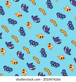 Seamless pattern with cute cartoon bird and insect for fabric print, textile, gift wrapping paper. colorful vector for kids, flat style.