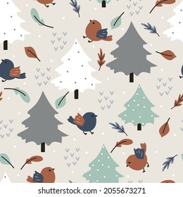 Patrón sin foco con pájaro tierno de dibujos animados y temporada de invierno para impresión de tela, textil, papel de envoltura de regalo. vector colorido para textil, de estilo plano