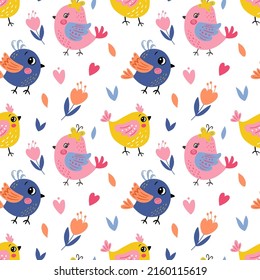 Seamless pattern with cute cartoon bird and flowers on a white   background. Vector graphics for wrapping paper, wallpapers, bags, prints for childish textiles, pillows, cards, t-shirts.