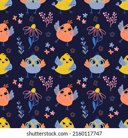 Seamless pattern with cute cartoon bird and flowers on a dark blue   background. Vector graphics for wrapping paper, wallpapers, bags, prints for childish textiles, pillows, cards, t-shirts.