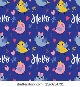 Seamless pattern with cute cartoon bird, heart and flowers on a  blue   background. Vector graphics for wrapping paper, wallpapers, bags, prints for childish textiles, pillows, cards, t-shirts.