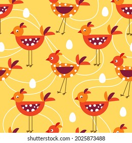 Patrón sin foco con adorables birdies de dibujos animados en piernas delgadas, huevos, líneas. Estilo geométrico sencillo. Elementos de diseño de vectores. Bien por la tela de niños, textil.