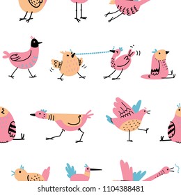 Seamless pattern with cute cartoon birds, doodle style, hand drawn illustration