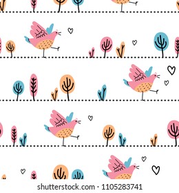 Seamless pattern with cute cartoon birds, doodle style, hand drawn illustration