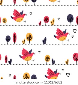 Seamless pattern with cute cartoon birds, doodle style, hand drawn illustration