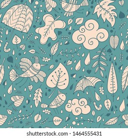 Seamless pattern with cute cartoon birds and umbrellas. Falling leaves. Rainy weather. Vector outline imagel.