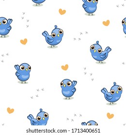 Seamless pattern of cute cartoon birds with big eyes. Vector illustration  of an animal with yellow hearts on the white background. 