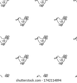 Patrón sin foco con lindos pájaros de dibujos animados. Los pájaros de los doodles son dibujados con un revestimiento negro sobre un fondo blanco. Imprimir para textiles, papel de embalaje y carátulas para portátiles.  Ilustración vectorial.