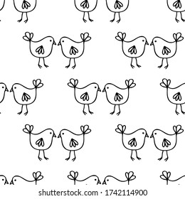 Seamless pattern with cute cartoon birds. Doodle birds are drawn with a black liner on a white background. Print for textiles, wrapping paper, and notebook covers.  Vector illustration.