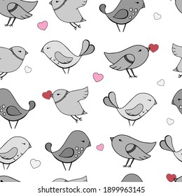 Patrón sin foco con lindos pájaros de caricatura y corazones. Ilustración vectorial. Antecedentes para afiche o portada. Figura para textiles.
