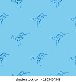 Seamless pattern with cute cartoon birds on  blue background. Funny doodle chicks wallpaper. Line art animals print.