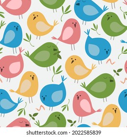 Patrón sin foco con lindos pájaros de dibujos animados sobre fondo blanco. Ilustración vectorial plana.