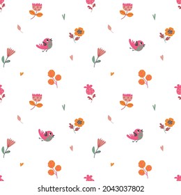 Seamless pattern with cute cartoon birds and flowers on a white background. Vector pink and orange illustration in minimalistic flat style, hand drawing. Children s print for textiles, print design