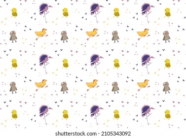 Seamless pattern with cute cartoon birds with graphic doodle elements. Vector, hand drawn style illustration.