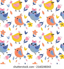 Seamless pattern with cute cartoon birds and flowers on a white   background. Vector graphics for wrapping paper, wallpapers, bags, prints for childish textiles, pillows, cards, t-shirts.