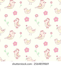 A seamless pattern of cute cartoon birds and flowers in pastel pinks