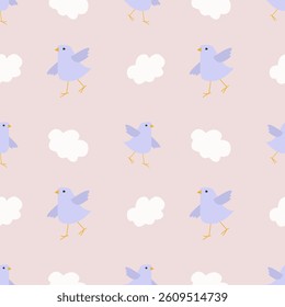 Seamless pattern with cute cartoon birds on light background. Animal kids print design in flat style. For textiles, clothing, bed linen, office supplies.