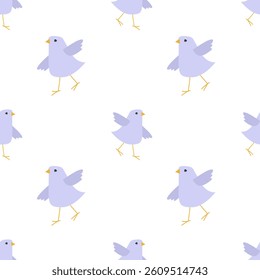Seamless pattern with cute cartoon birds on light background. Animal kids print design in flat style. For textiles, clothing, bed linen, office supplies.