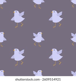 Seamless pattern with cute cartoon birds on dark background. Animal kids print design in flat style. For textiles, clothing, bed linen, office supplies.