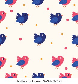 Seamless pattern with cute cartoon birds in pink and purple tones on a white background with colorful dots. Flat illustration with playful flying birds in modern minimal style.