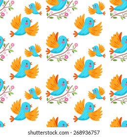 Seamless pattern with cute cartoon birds with cherry blossom