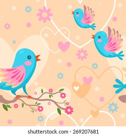 Seamless pattern with cute cartoon birds with cherry blossom