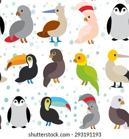 seamless pattern Cute Cartoon birds set - gannet penguin toucan parrot eagle booby  on white background. Vector