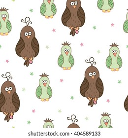 Seamless pattern with cute cartoon birds. Can be used for wallpaper, pattern fills, greeting cards, webpage backgrounds, wrapping paper or fabric. Vector illustration. EPS 10.